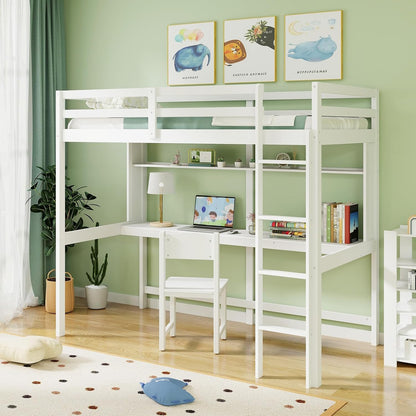 Goflame Twin Loft Bed with Desk and Bookshelf, Wooden Bed Frame with Safety Guardrail & Ladder