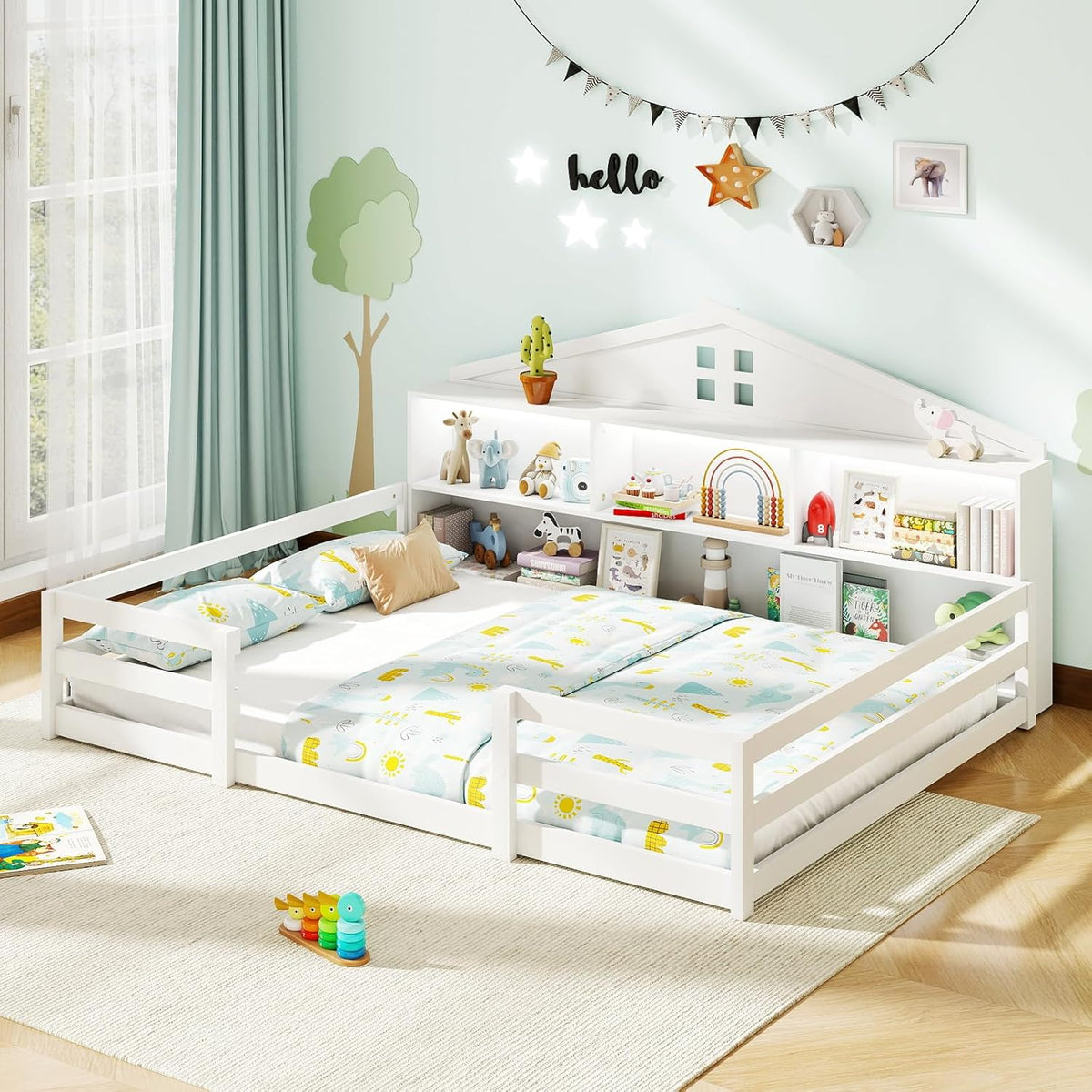 Goflame Montessori Floor Bed with LED Lights 2-in-1 Wooden House Bed Frame with Safety Guardrails