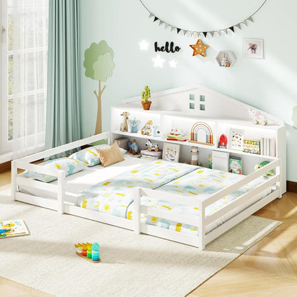 Goflame Montessori Floor Bed with LED Lights 2-in-1 Wooden House Bed Frame with Safety Guardrails