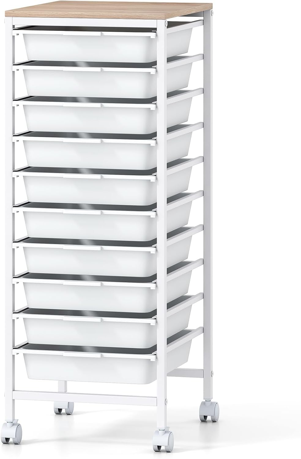 Goflame 10-Drawer Rolling Storage Cart Mobile Utility Organizer with Wooden Tabletop and Lockable Wheels