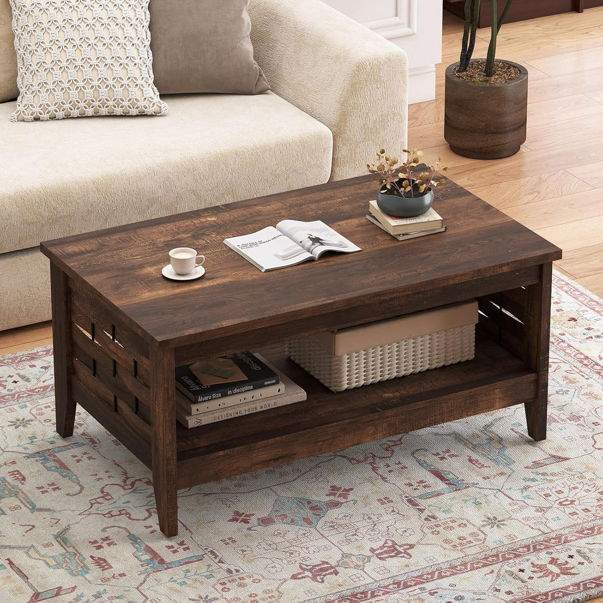 Goflame 2-Tier Farmhouse Coffee Table with Open Shelf and Woven Decorations for Living Room