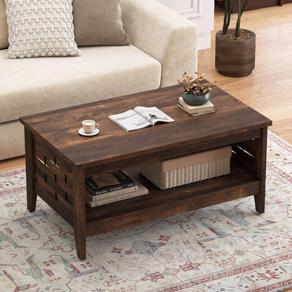 Goflame 2-Tier Farmhouse Coffee Table with Open Shelf and Woven Decorations for Living Room