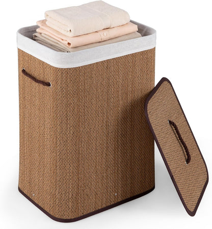 Goflame 19 Gal Rectangular Bamboo Laundry Hamper with Lid