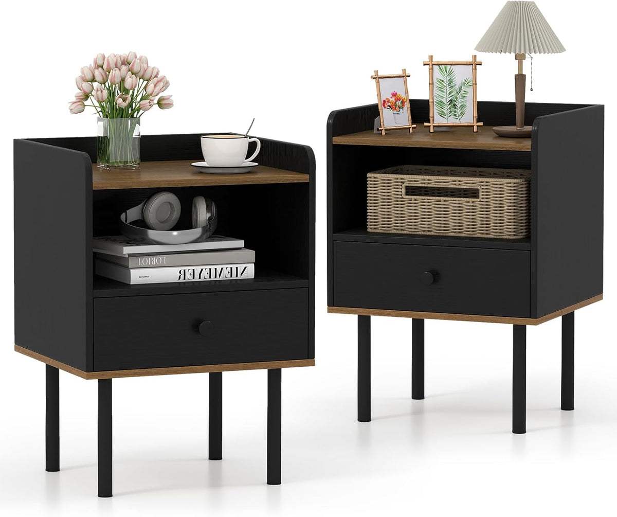 Goflame Wood Night Stand with Drawer - Mid Century Modern Bedside Table