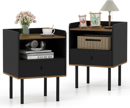 Goflame Wood Night Stand with Drawer - Mid Century Modern Bedside Table
