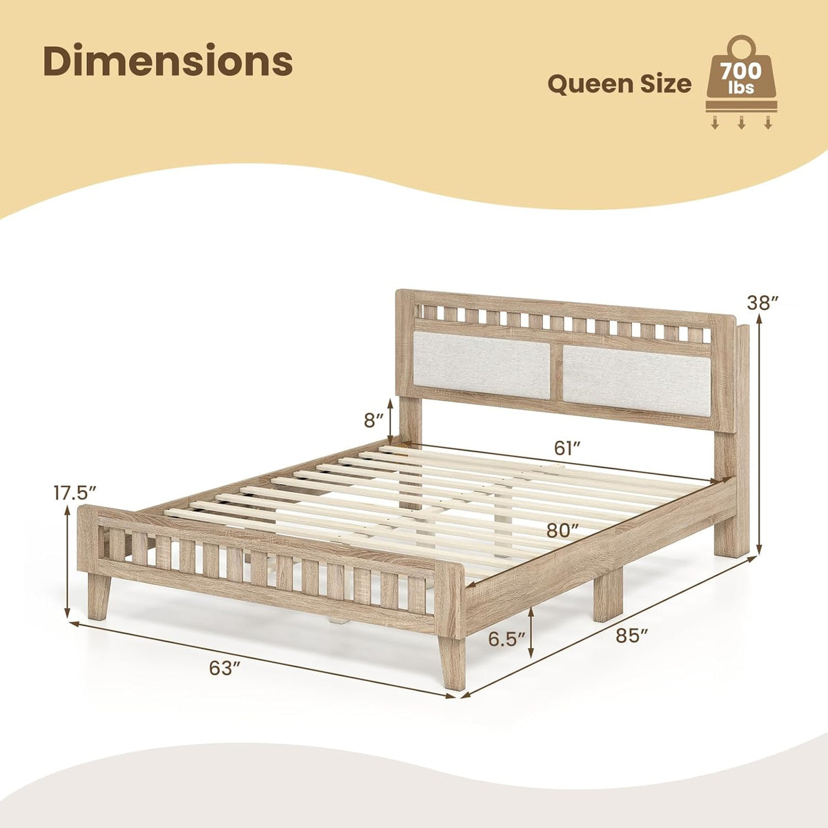 Goflame Mid-Century Wood Bed Frame with Upholstered Headboard (Full/Twin/Queen)