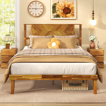 Goflame Queen/Full/Twin Size Acacia Wood Platform Bed Frame Mid-Century Modern Bed Frame with Headboard