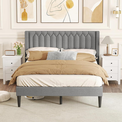 Goflame Queen Size Dutch Velvet/Linen Fabric Upholstered Platform Bed with Wingback Headboard and Wooden Slat Support