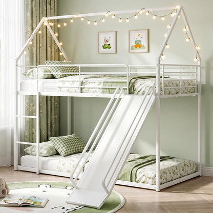 Goflame Twin Over Twin Bunk Bed with Slide & Ladder House-Shaped Metal Bunk Bed Frame with Safety Guardrail & Roof