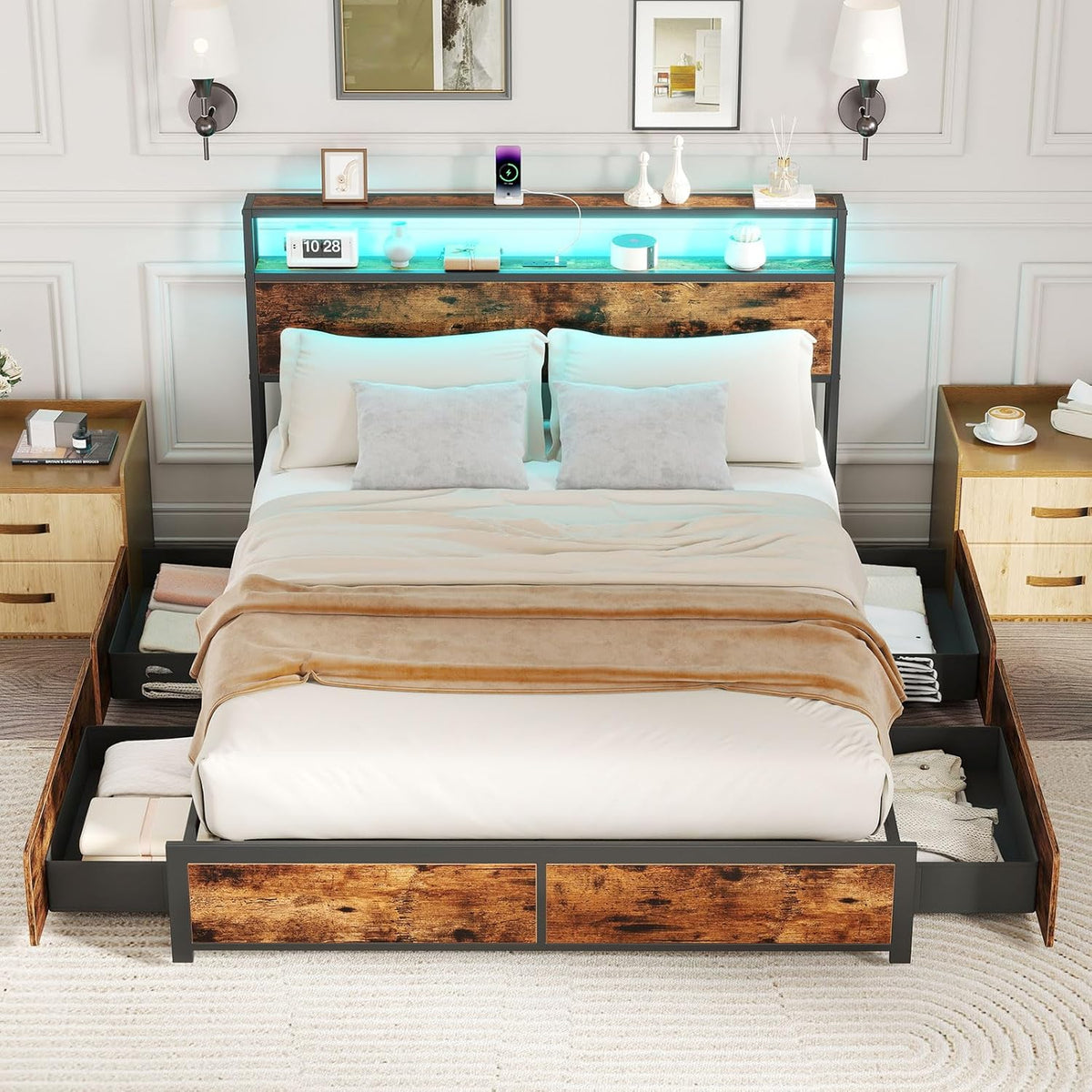 Goflame Queen/Full Size LED Bed Frame with Charging Station & 4 Storage Drawers