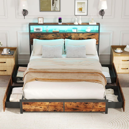 Goflame Queen/Full Size LED Bed Frame with Charging Station & 4 Storage Drawers