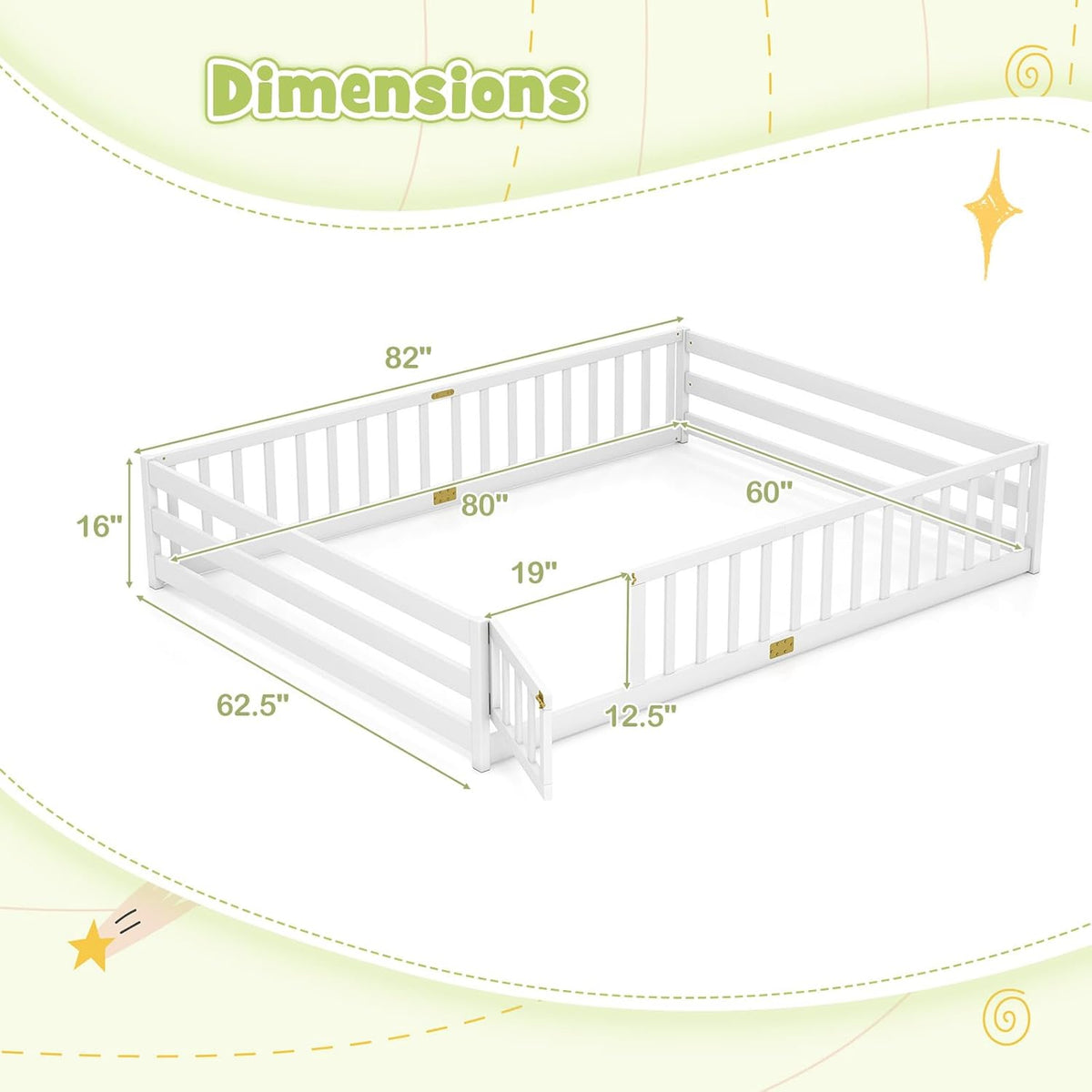 Goflame Floor Bed with Door & Fence Kids Wood Montessori Beds with Safety Guardrails