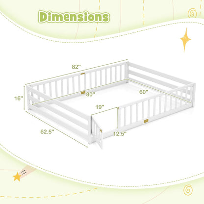 Goflame Floor Bed with Door & Fence Kids Wood Montessori Beds with Safety Guardrails