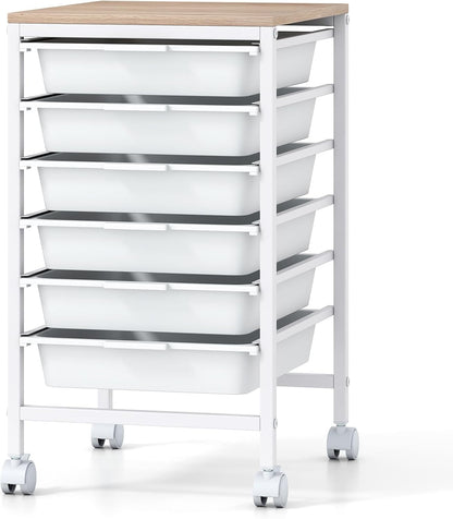 Goflame 6-Drawer Rolling Storage Cart with Wooden Tabletop