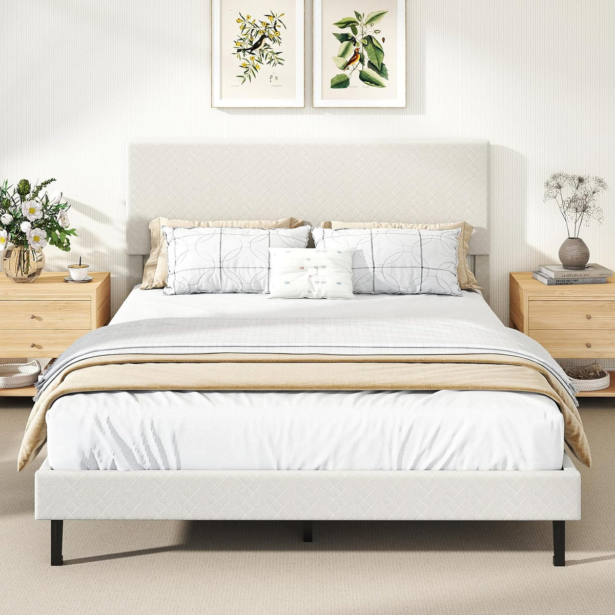 Goflame Bed Frame | Velvet Upholstered Platform Bed w/Height Adjustable Chevron Headboard