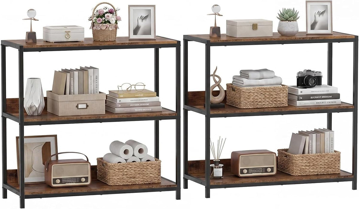 Goflame Industrial 3-Tier Small Bookshelf with Wooden Shelves and Metal Frame