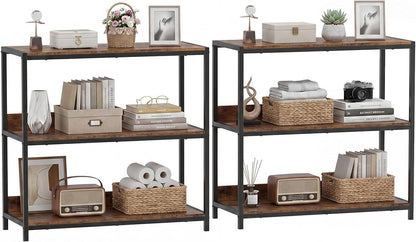 Goflame Industrial 3-Tier Small Bookshelf with Wooden Shelves and Metal Frame