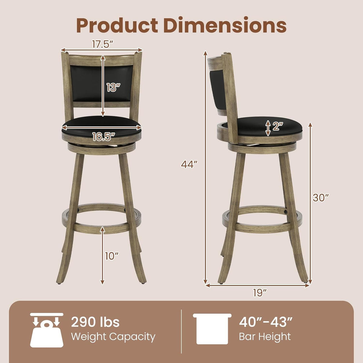 Goflame Accent Wooden Swivel Back Counter Height Bar Stool, Fabric Upholstered Design