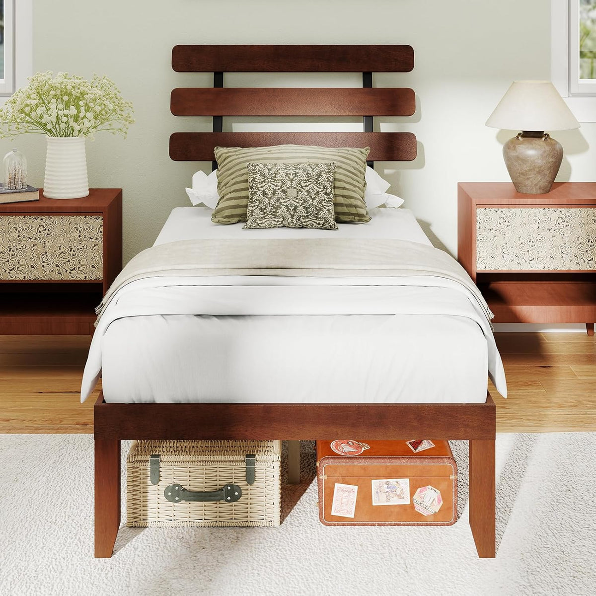 Goflame Queen/Full/Twin Size Platform Bed with Retro Headboard Mid Century Modern Bed Frame with Wood Slat Support