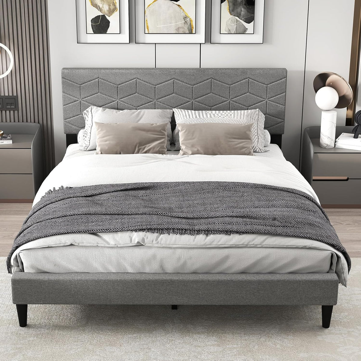 Goflame Queen/Full/Twin Size Upholstered Bed Frame Modern Platform Bed with Linen Fabric Geometric Headboard