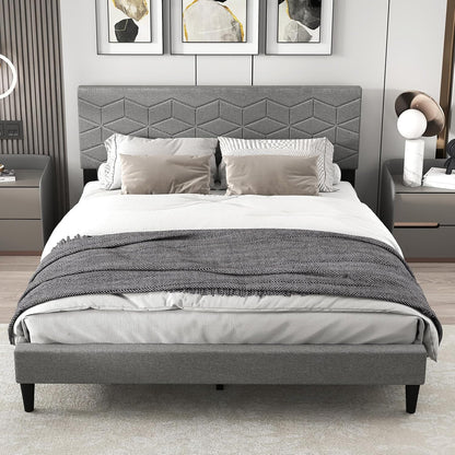 Goflame Queen/Full/Twin Size Upholstered Bed Frame Modern Platform Bed with Linen Fabric Geometric Headboard