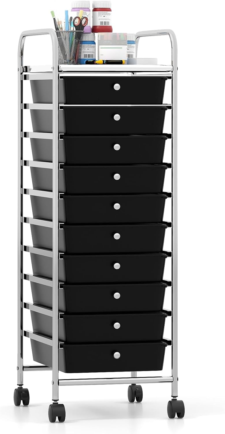 Goflame 10-Drawer Rolling Storage Cart with Metal Frame and Lockable Universal Wheels