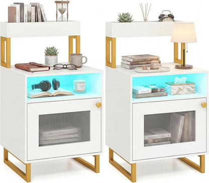 Goflame Night Stand with LED Lights | Tall Sofa Side Couch End Table w/Top Tray (1/2)
