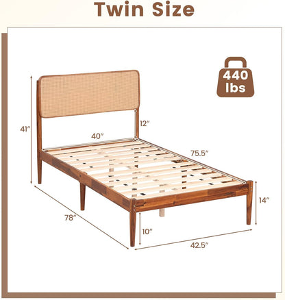 Goflame Wooden Bed Frame Full/Twin/Queen Size with Rattan Headboard