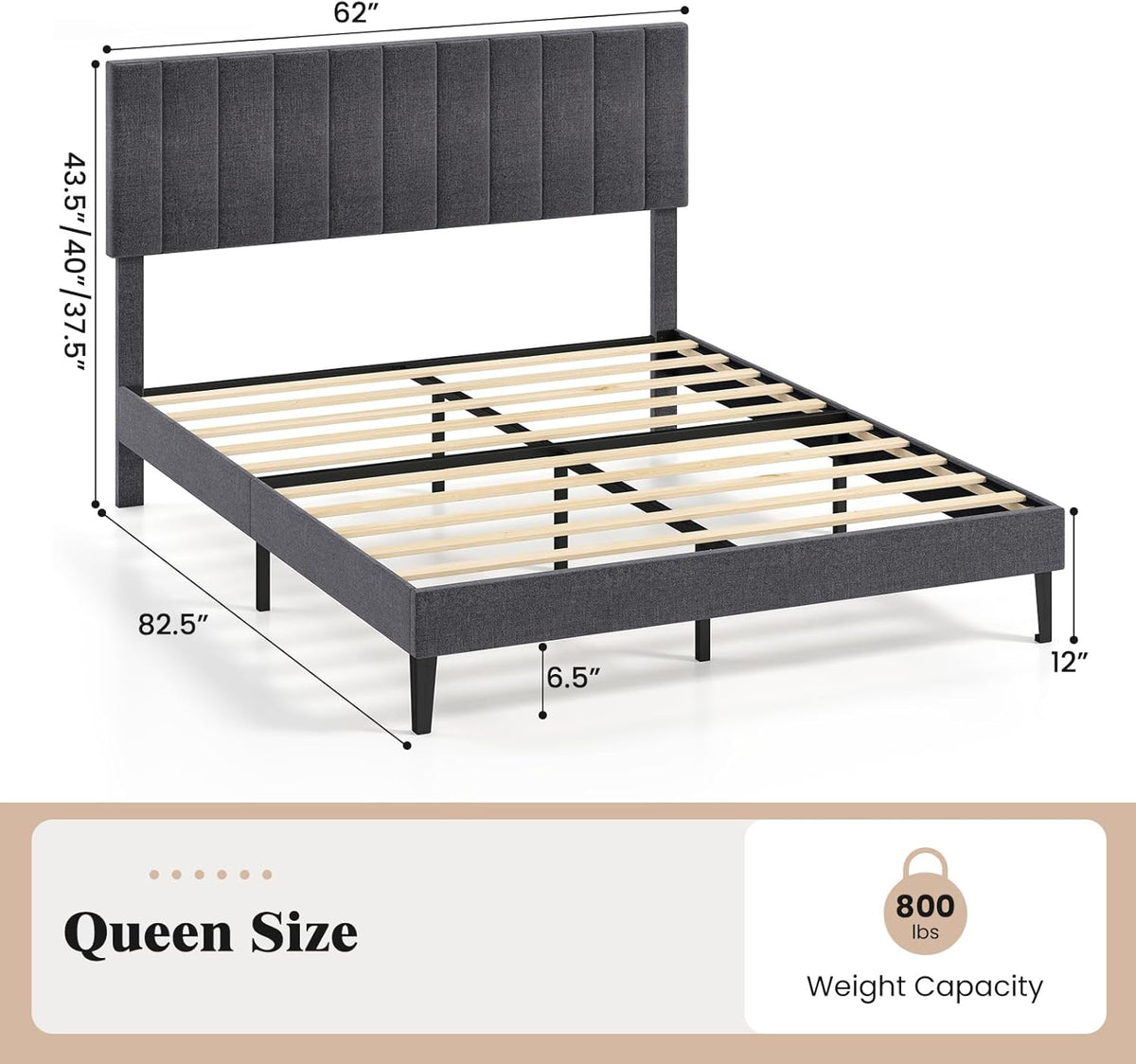 Goflame Queen/Full/Twin Size Upholstered Bed Frame Platform Bed with Height Adjustable Vertical Channel Headboard