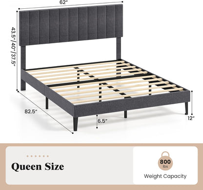Goflame Queen/Full/Twin Size Upholstered Bed Frame Platform Bed with Height Adjustable Vertical Channel Headboard