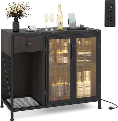 Goflame Industrial Buffet Sideboard with Power Outlets and LED Light