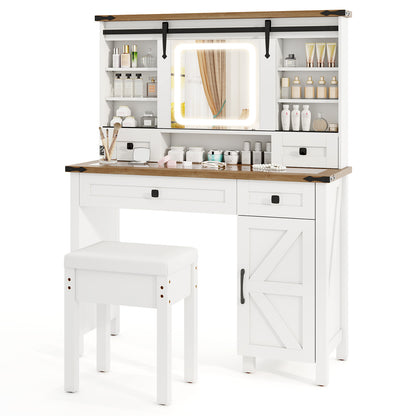 Farmhouse Vanity Desk with Sliding Mirror and Lights, Makeup Vanity Desk Set with Glass Desktop