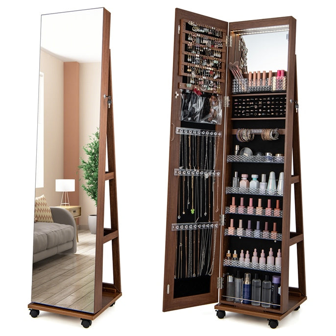 Jewelry Cabinet with Full Length Mirror, Lockable Jewelry Storage Organizer with Wheels