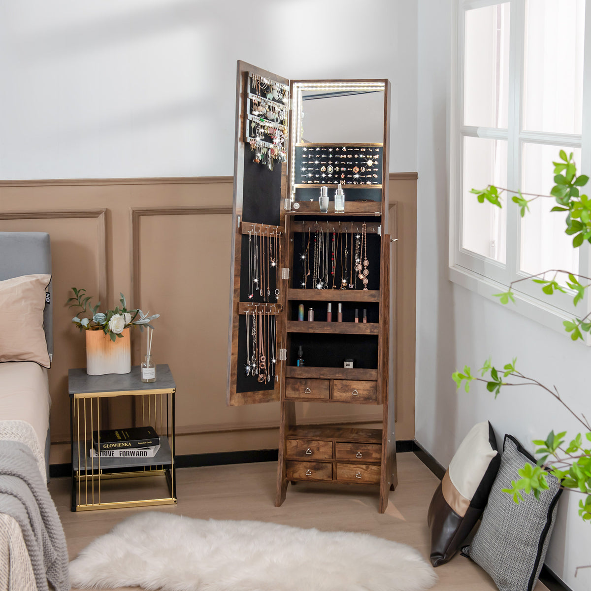 Jewelry Cabinet Freestanding, LED Lighted Jewelry Armoire with Full-length Frameless Mirror