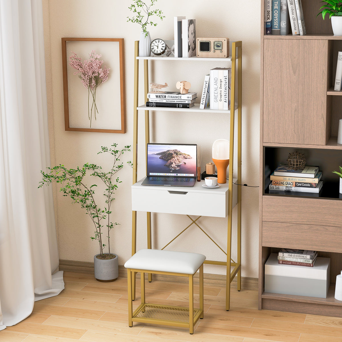 Vanity Table Set with Flip Top Mirror, Ladder Vanity Desk and Cushioned Stool Set with Shelves and Hidden Storage Compartments