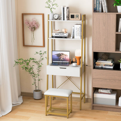 Vanity Table Set with Flip Top Mirror, Ladder Vanity Desk and Cushioned Stool Set with Shelves and Hidden Storage Compartments