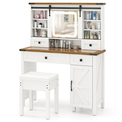 Farmhouse Vanity Desk with Sliding Mirror and Lights, Makeup Vanity Desk Set with Glass Desktop