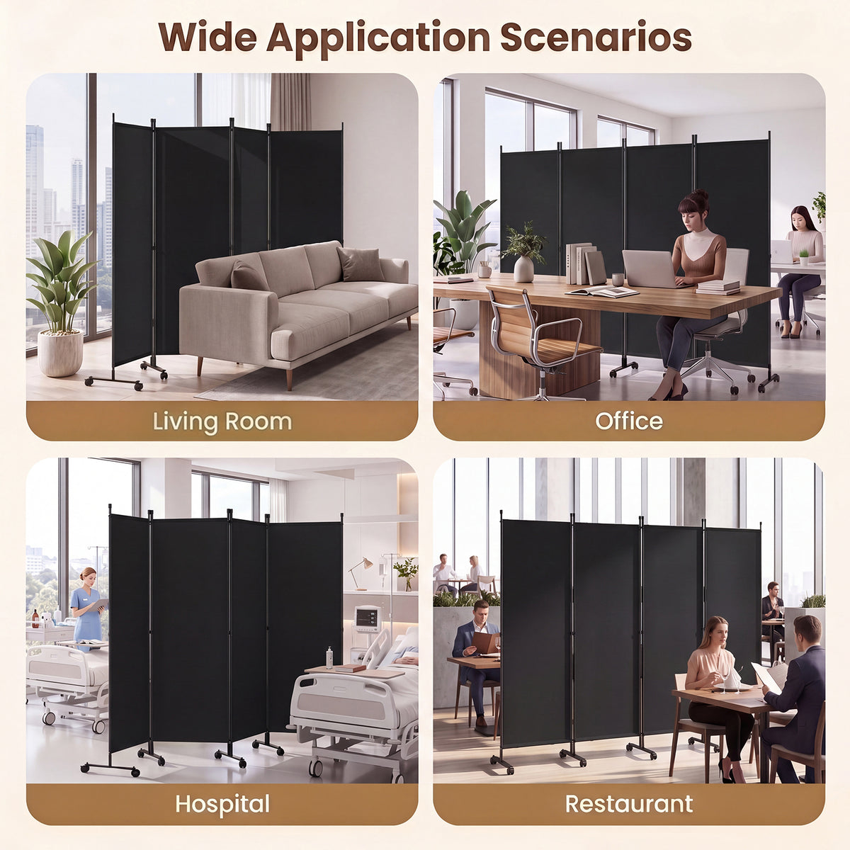 4 Panel Folding Room Divider, 6FT Rolling Privacy Screen with Lockable Wheels