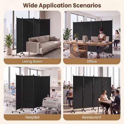4 Panel Folding Room Divider, 6FT Rolling Privacy Screen with Lockable Wheels