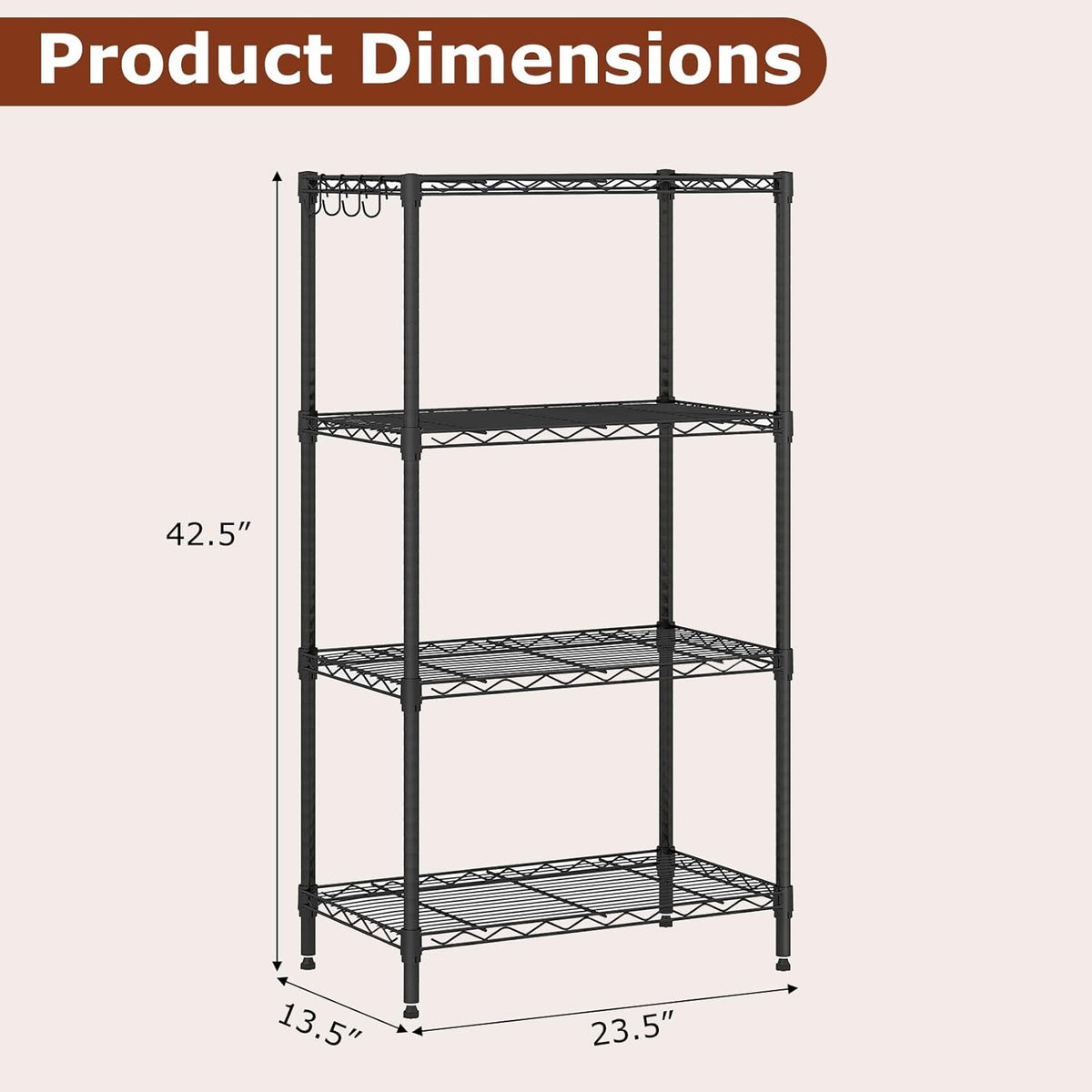 Goflame Storage Shelves Adjustable Wire Shelf Rack w/4 Removable Hooks