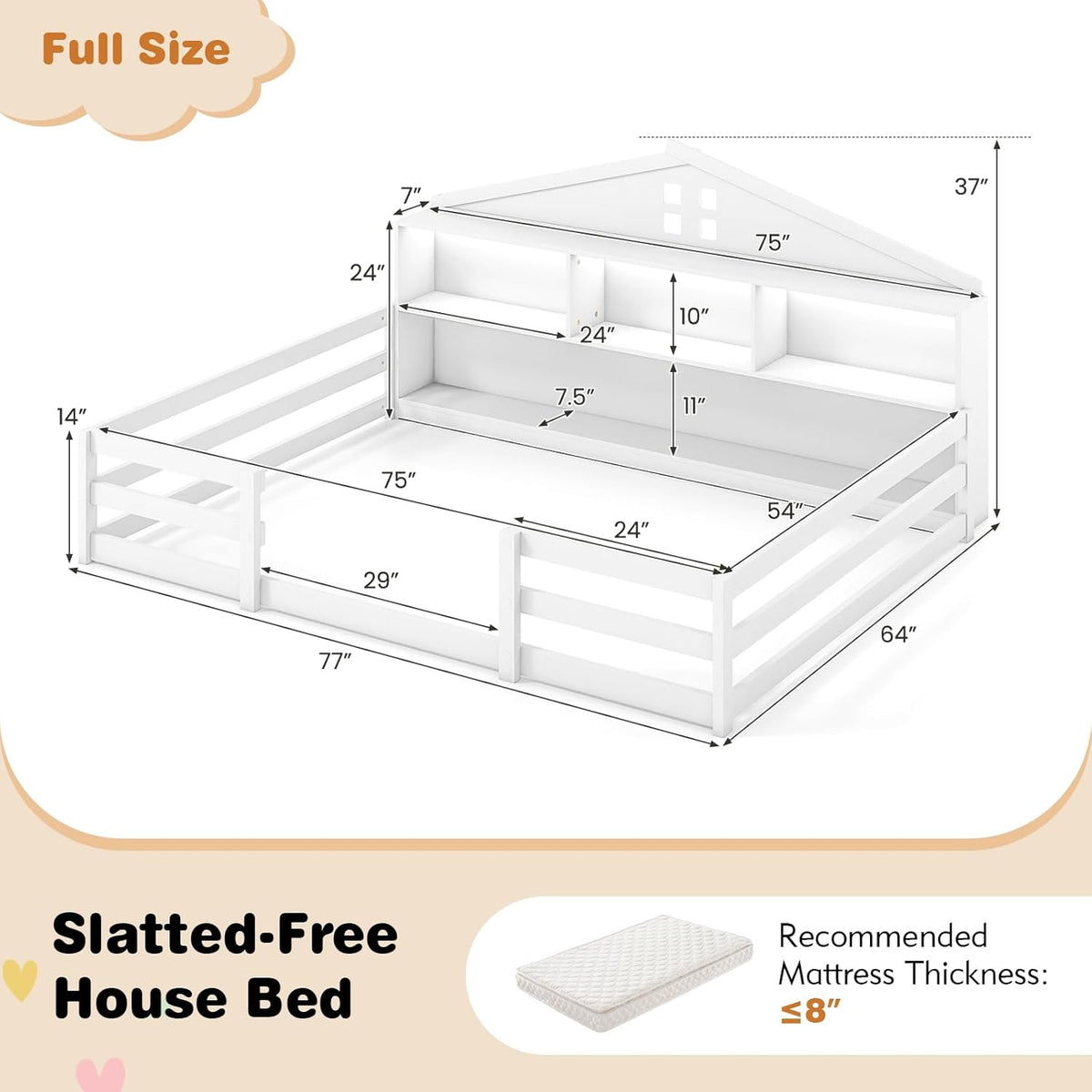 Goflame Montessori Floor Bed with LED Lights 2-in-1 Wooden House Bed Frame with Safety Guardrails