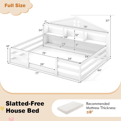 Goflame Montessori Floor Bed with LED Lights 2-in-1 Wooden House Bed Frame with Safety Guardrails