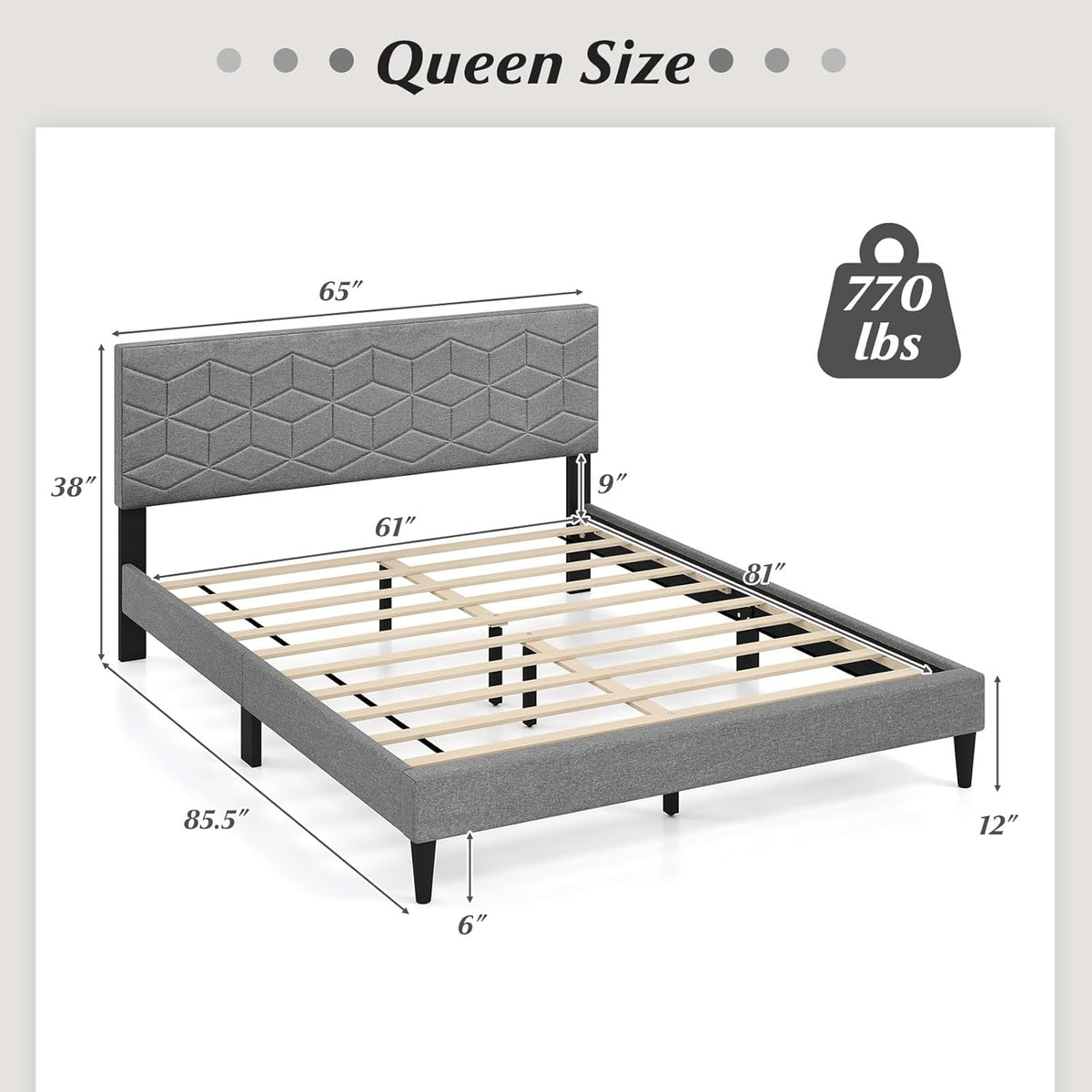 Goflame Queen/Full/Twin Size Upholstered Bed Frame Modern Platform Bed with Linen Fabric Geometric Headboard