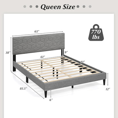 Goflame Queen/Full/Twin Size Upholstered Bed Frame Modern Platform Bed with Linen Fabric Geometric Headboard