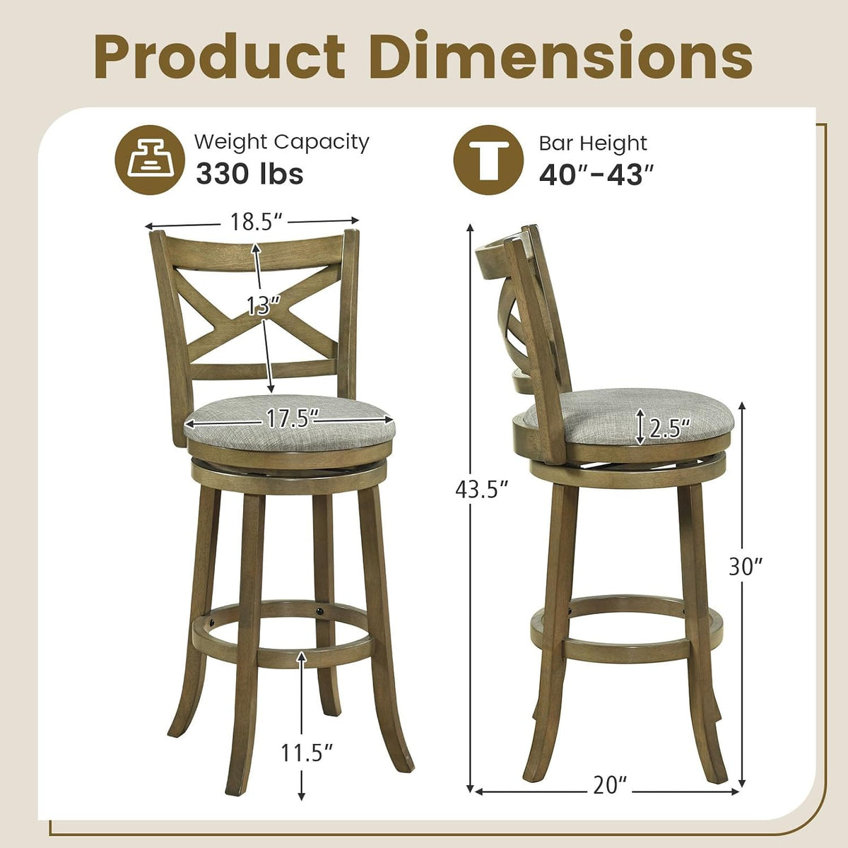 Goflame Wood Swivel Bar Stools Set of 2/4 with Backrests and Wood Frame