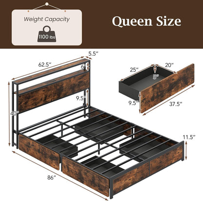 Goflame Queen/Full Size LED Bed Frame with Charging Station & 4 Storage Drawers