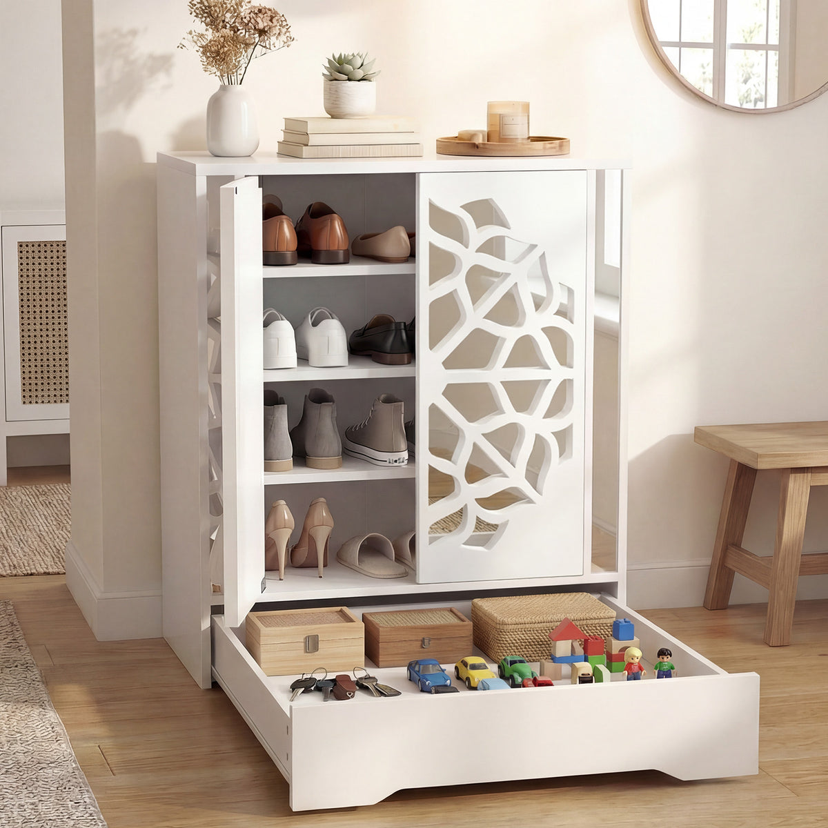 Shoe Storage Cabinet, 4-Tier Mirrored Shoe Cabinet with Doors and Bottom Drawer