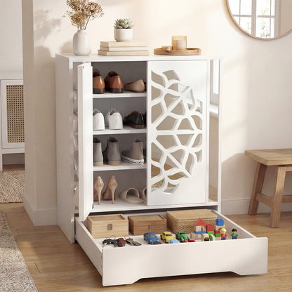 Shoe Storage Cabinet, 4-Tier Mirrored Shoe Cabinet with Doors and Bottom Drawer