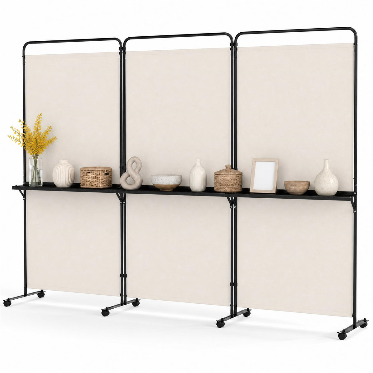 3 Panel Room Divider with Storage Shelves, 6FT Folding Privacy Screen with Lockable Wheels