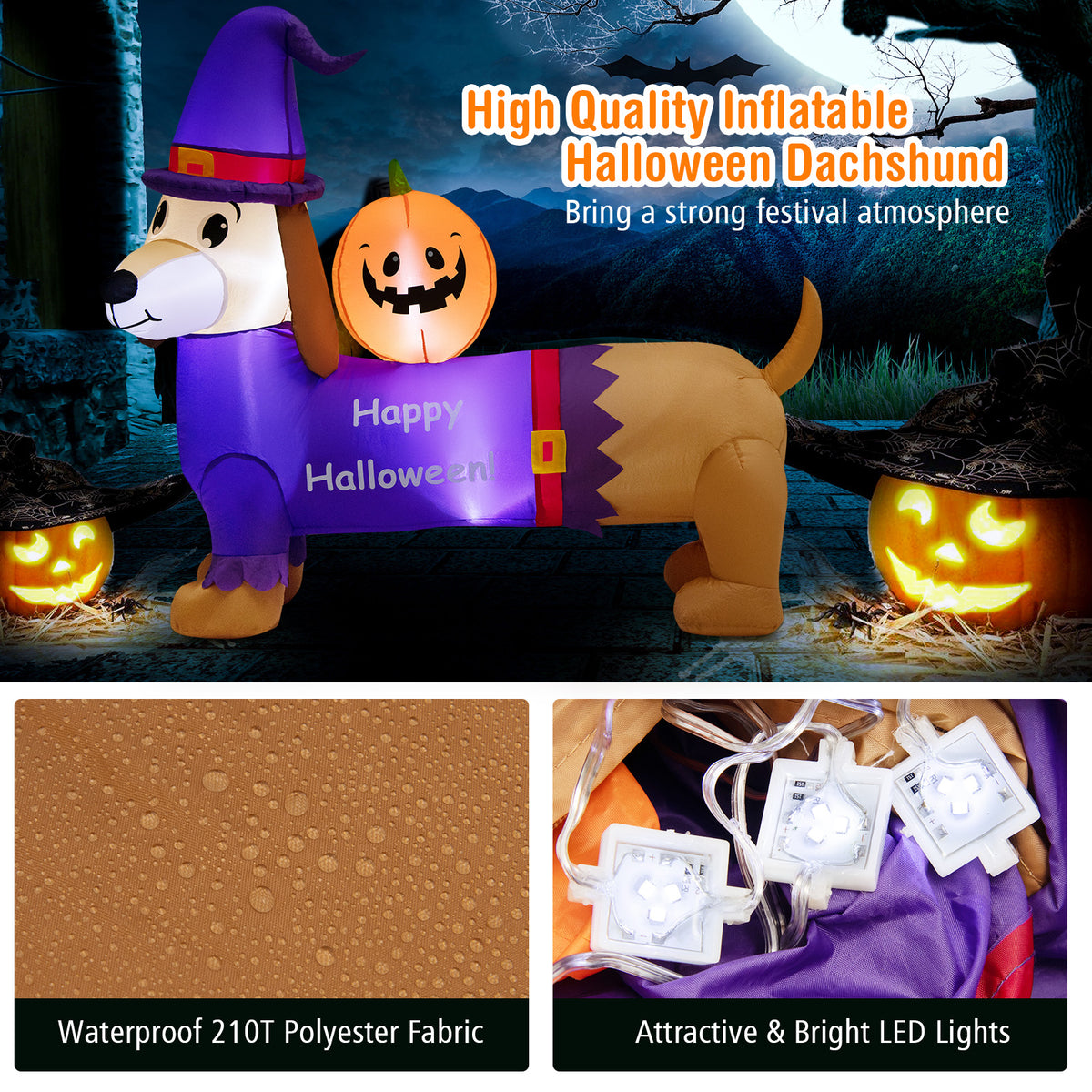5FT Long Halloween Inflatable Dachshund, Blow Up Wiener Dog with Pumpkin & Witch Hat